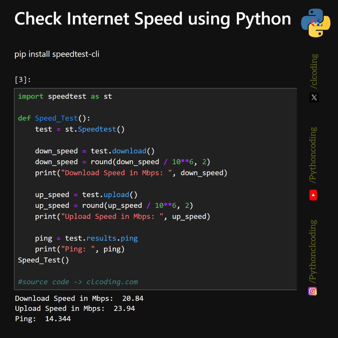 AdelDeveloperX's tweet image. 🔥 اختبر سرعة الإنترنت لديك باستخدام Python في ثوانٍ! 🚀