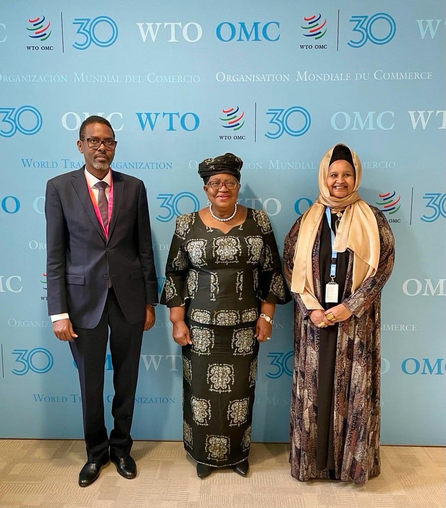 NOIweala's tweet photo. There was a spotlight of Accessions during the Public Forum. Happy to receive H.E @SMirziyoyeva Assistant to the President of Uzbekistan and Deputy Prime Minister H.E Jamshid Khodjaev, to receive an update on Uzbekistan’s Accession which seems to be proceeding successfully. 

Somalia has also kick started its Accession process with the appointment by H.E President Hassan Sheikh Mohamud of the Chief Negotiator H.E Mr. Sadiq Abdikarim Haji Ibrahim and the new Ambassador to the WTO and UN Institutions H.E Ambassador Khadra Dualeh. Happy to receive them both. We stand ready to work hand in hand with Somalia to facilitate its accession process.