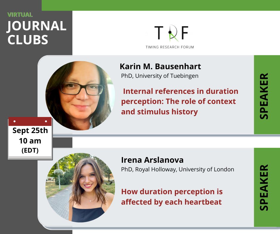 TimingForum's tweet image. We are pleased to announce the first #vJC after the summer break held by @KarinBausenhart and @irena_arslanova! To delve into which internal factors could affect time perception👉🏻mailchi.mp/237d72fd662f/h…