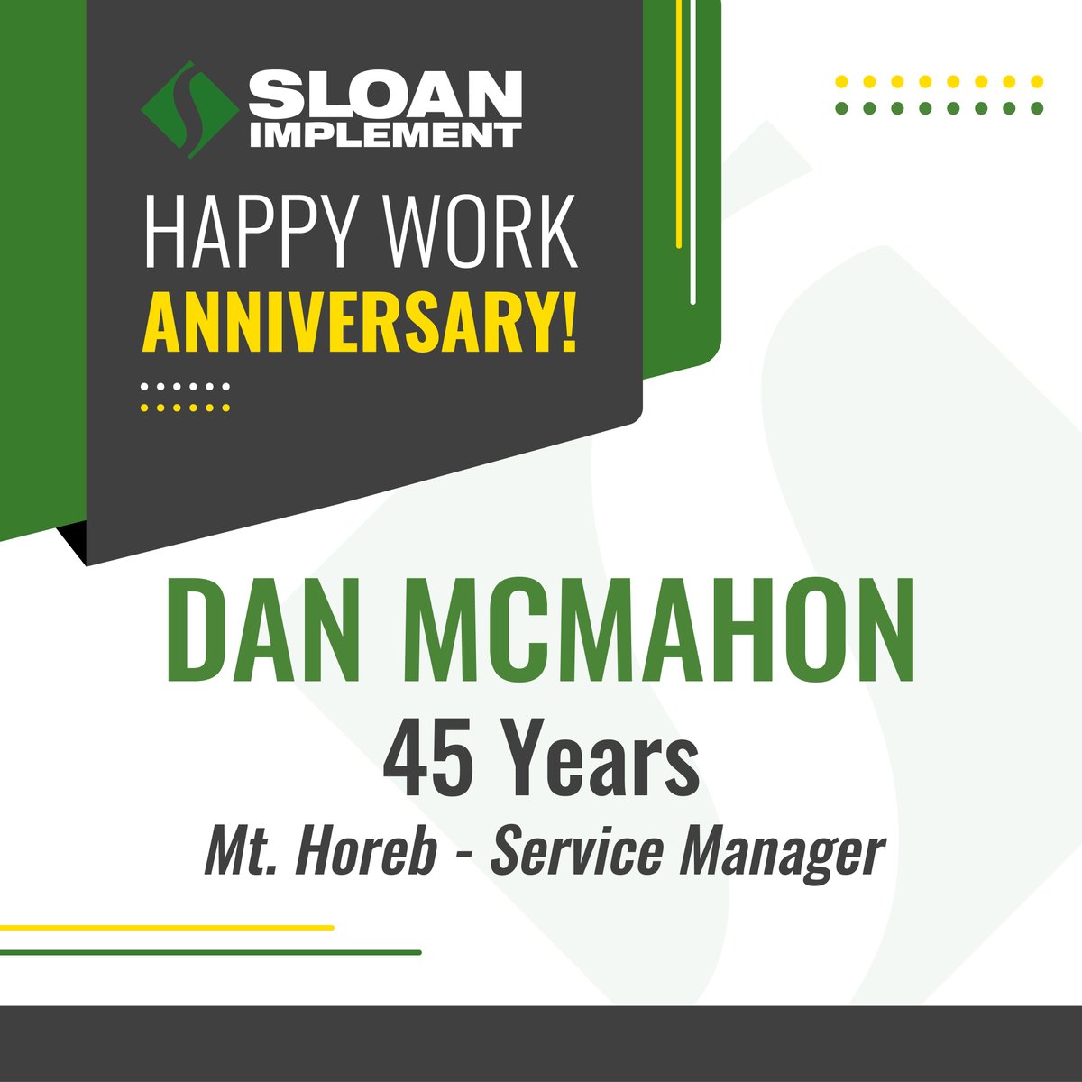 sloanimplement's tweet image. Happy Anniversary to our Mt. Horeb Service Manager - Dan McMahon! We appreciate your loyalty and efforts to Sloan Implement over the past 45 years! 🎉👏
#sloanimplement #servicemanager #sloans #johndeere #johndeerecareer #agriculture #farming #growingstrongersince1931