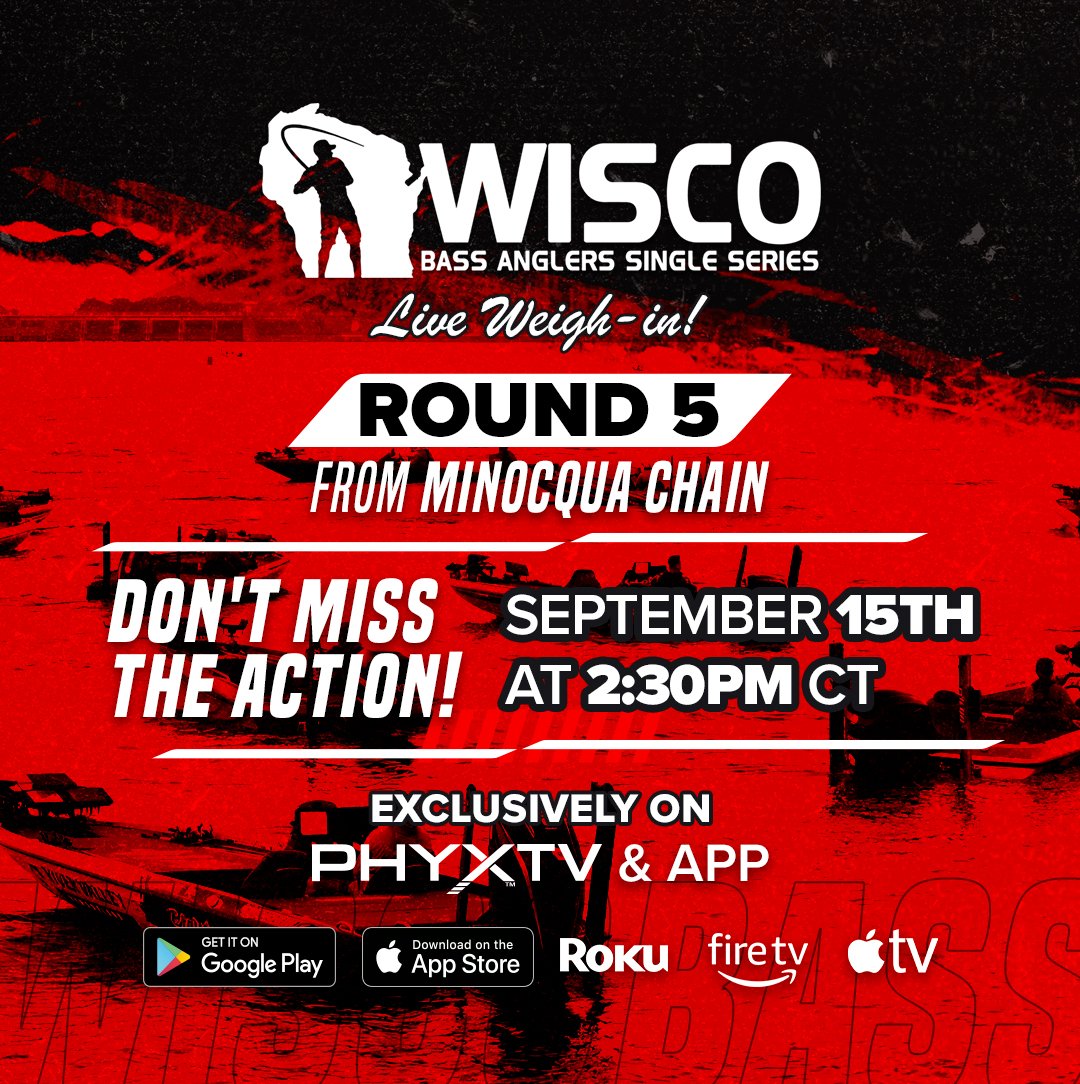 🎣 Wisco Bass Live Weigh-In is back! Catch Round 5 from the Minocqua Chain on September 15th at 2:30 PM CT! Don't miss the intense action as anglers battle it out. 🏆 Stream it live on PHYXTV and the app!  #BassFishing #WiscoBass #LiveWeighIn #FishingTournament #MinocquaChain