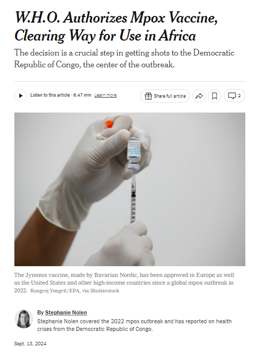 Prashant Yadav (@prof-yadav.bsky.social) (@prof_yadav_scm) on Twitter photo The WHO prequalified the Jynneos vaccine for mpox on Friday. <a href="/snolen/">Stephanie Nolen</a> reports on how this has progressed and what more needs to happen to get the vaccine to high-risk adults and children (supply capacity expansion, supply chain infra, indemnity, pricing, demand forecasting). The WHO prequalified the Jynneos vaccine for mpox on Friday. <a href="/snolen/">Stephanie Nolen</a> reports on how this has progressed and what more needs to happen to get the vaccine to high-risk adults and children (supply capacity expansion, supply chain infra, indemnity, pricing, demand forecasting).