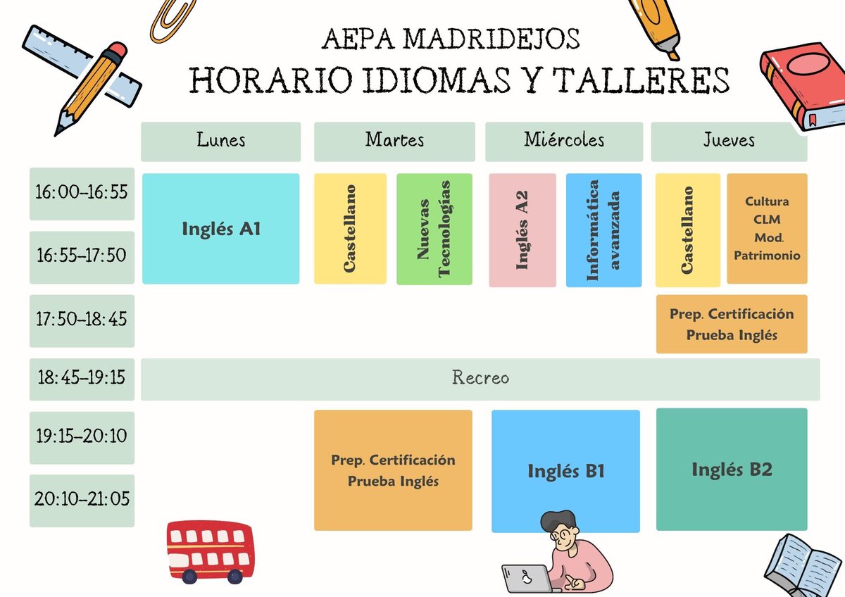 CEPAConsuegra's tweet photo. ✅ Atención a los horarios de nuestras enseñanzas de idiomas, informática y talleres. 

#cepacastillodeconsuegra #aepamadridejos #educacióndeadultos #educaciondeadultos #consuegra #madridejos #urda #turleque #camuñas #villafrancadeloscaballeros #espad #educacion https://t.co/otzwuLHOJa
