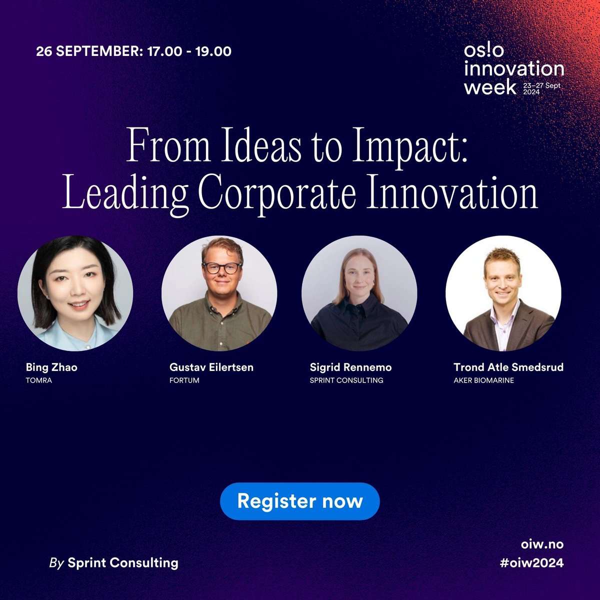 🎯 From Ideas to Impact: Leading Corporate Innovation

Join Sprint Consulting at Oslo Innovation Week 2024 for a panel discussion on corporate innovation. 

↘hubs.li/Q02PG2Z20

#oiw2024
#pioneers