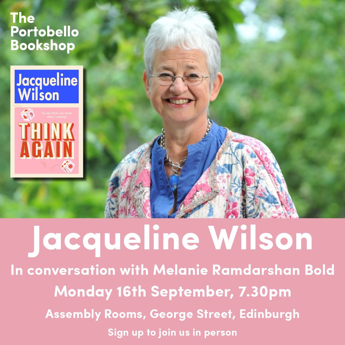 The Portobello Bookshop (@portybooks) on Twitter photo It’s almost time for <a href="/JackyWilsonHQ/">Jacqueline Wilson</a>’s Edinburgh launch of Think Again! 🎉 Will you be joining us <a href="/ARedinburgh/">Assembly Rooms Edinburgh</a> tomorrow (Mon 16th)? Doors 6.45pm / event start time 7.30pm. Last places in the upper balcony available here: theportobellobookshop.com/events/jacquel… It’s almost time for <a href="/JackyWilsonHQ/">Jacqueline Wilson</a>’s Edinburgh launch of Think Again! 🎉 Will you be joining us <a href="/ARedinburgh/">Assembly Rooms Edinburgh</a> tomorrow (Mon 16th)? Doors 6.45pm / event start time 7.30pm. Last places in the upper balcony available here: theportobellobookshop.com/events/jacquel…