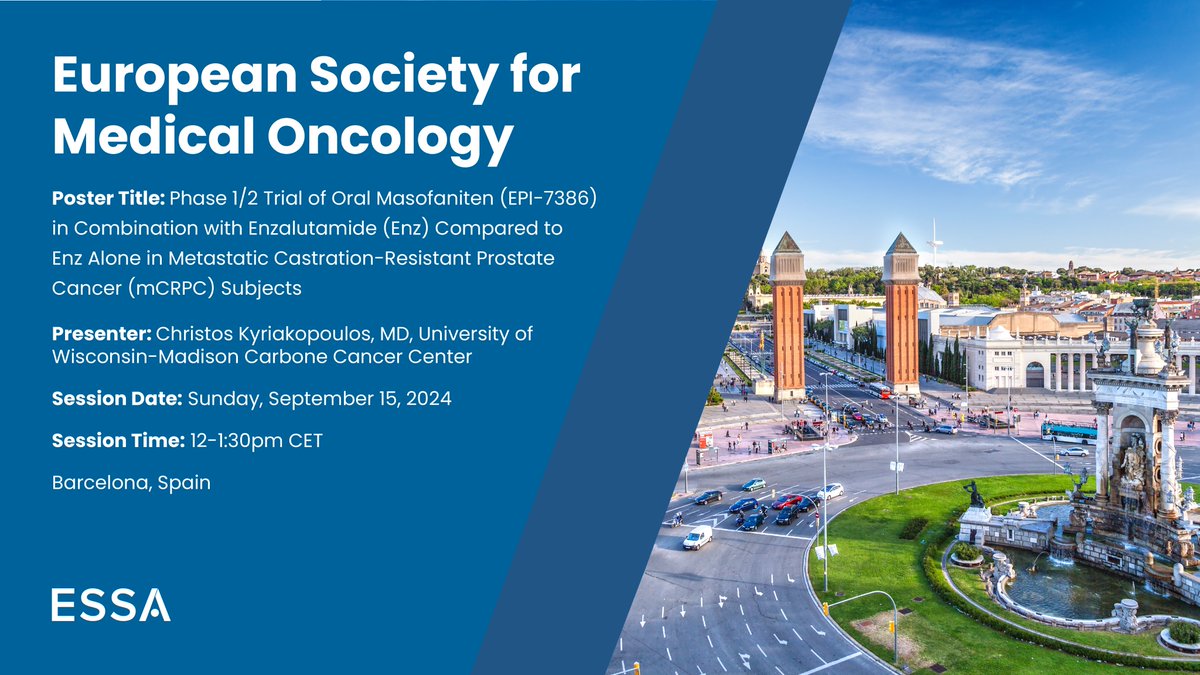 Today, we will present updated data from our phase 1/2 clinical trial of masofaniten in combination with enzalutamide (Enz) compared to Enz alone in metastatic castration-resistant #prostatecancer subjects at the #ESMO 2024 at 12:00pm CET. bit.ly/3zgtd4z