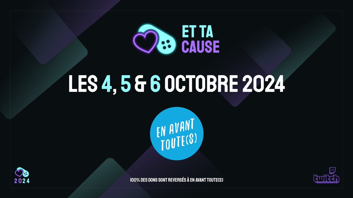 EtTaCause 💙💜 (@ettacause) on Twitter photo Ça y est, on peut enfin vous le dire …
#EtTaCause2024 revient bientôt sur vos écrans ! Du 4 au 6 octobre 2024, joignez-vous à toute l’équipe pour soutenir une nouvelle fois <a href="/enavanttoutes/">En avant toute(s)</a> et (re)découvrir leur travail
Ça commence le 4 octobre à 17h sur twitch.tv/ettacause Ça y est, on peut enfin vous le dire …
#EtTaCause2024 revient bientôt sur vos écrans ! Du 4 au 6 octobre 2024, joignez-vous à toute l’équipe pour soutenir une nouvelle fois <a href="/enavanttoutes/">En avant toute(s)</a> et (re)découvrir leur travail
Ça commence le 4 octobre à 17h sur twitch.tv/ettacause