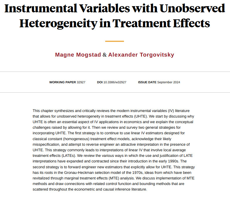 Synthesizing and critically reviewing the modern instrumental variables literature that allows for unobserved heterogeneity in treatment effects, from Magne Mogstad and Alexander Torgovitsky nber.org/papers/w32927