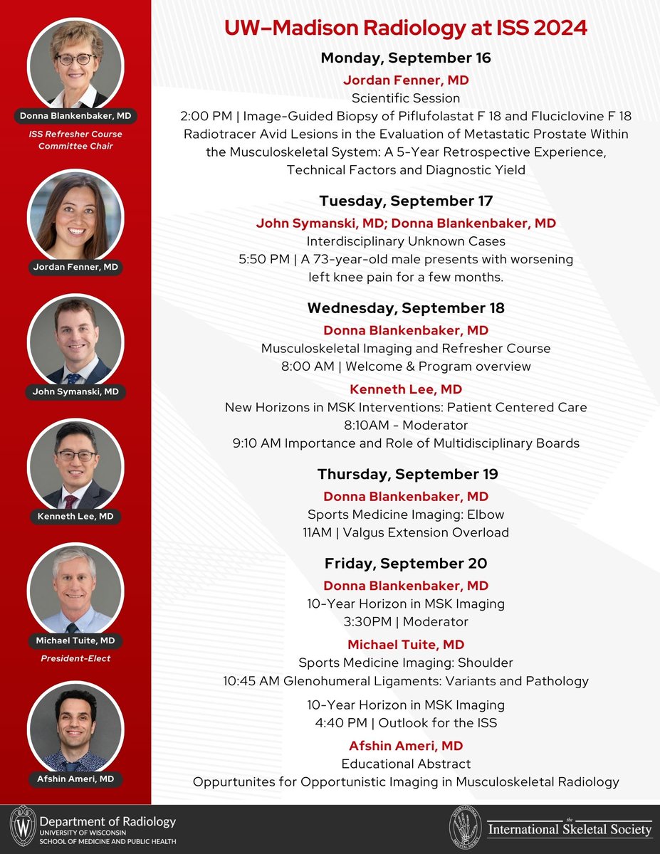 UW Radiology (@uwiscradiology) on Twitter photo We're wishing 🦴 bone voyage 🦴 to our faculty members heading out to #ISS2024! Make sure you stop by their presentations, ranging on topics from refresher courses to the future of #MSKimaging.
<a href="/dblankenbaker2/">Donna Blankenbaker</a> <a href="/kenlee8799/">Kenneth S. Lee</a> <a href="/JohnSymanski/">John Symanski</a> <a href="/MichaelTuite2/">Michael Tuite</a> <a href="/uwsmph/">UW School of Medicine and Public Health</a> <a href="/intskeletal/">International Skeletal Society | ISS</a> We're wishing 🦴 bone voyage 🦴 to our faculty members heading out to #ISS2024! Make sure you stop by their presentations, ranging on topics from refresher courses to the future of #MSKimaging.
<a href="/dblankenbaker2/">Donna Blankenbaker</a> <a href="/kenlee8799/">Kenneth S. Lee</a> <a href="/JohnSymanski/">John Symanski</a> <a href="/MichaelTuite2/">Michael Tuite</a> <a href="/uwsmph/">UW School of Medicine and Public Health</a> <a href="/intskeletal/">International Skeletal Society | ISS</a>