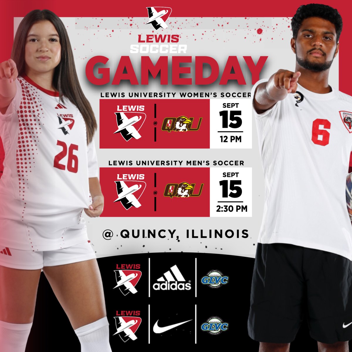 GAME DAY!

<a href="/LewisWSoccer/">Lewis Women's Soccer</a> and <a href="/LewisMSoccer/">Lewis Men's Soccer</a> has their <a href="/GLVCsports/">Great Lakes Valley Conference</a> openers today at Quincy!

W: 12 pm
📊: quhawks.com/sidearmstats/w…
📺: glvcsn.com/quincy/

M: 2:30 pm
📊: quhawks.com/sidearmstats/m…
📺: glvcsn.com/quincy/