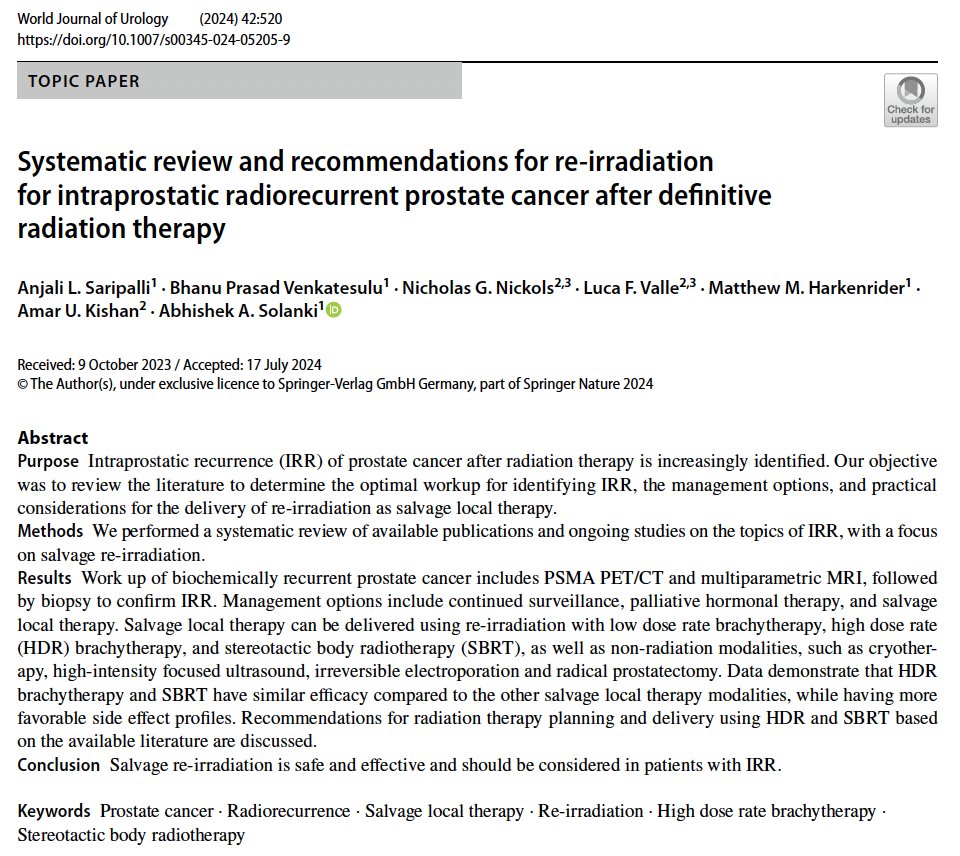 Systematic review and recommendations for re-irradiation for intraprostatic radiorecurrent prostate cancer after definitive radiation therapy.
pubmed.ncbi.nlm.nih.gov/39264453/