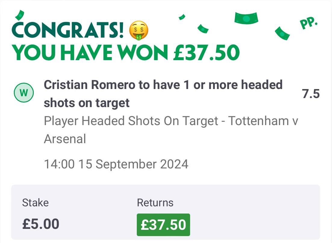 AndyRobsonTips's tweet photo. Romerooo, what a way to finish the game.

✅ Headed shot on target (Winner @ 7.5)

✅ To have a headed shot (Winner @ 3.1)

£15 stake and £68.50 returned on those.

Let me know if you had a winner. https://t.co/GigEf6mmrn