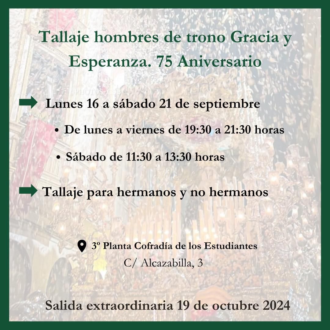 [Aviso] El tallaje para la procesión extraordinaria de Nuestra Señora de Gracia y Esperanza tendrá lugar a partir de mañana. Si estás interesado, te esperamos👇🏻 #CofradíasMLG