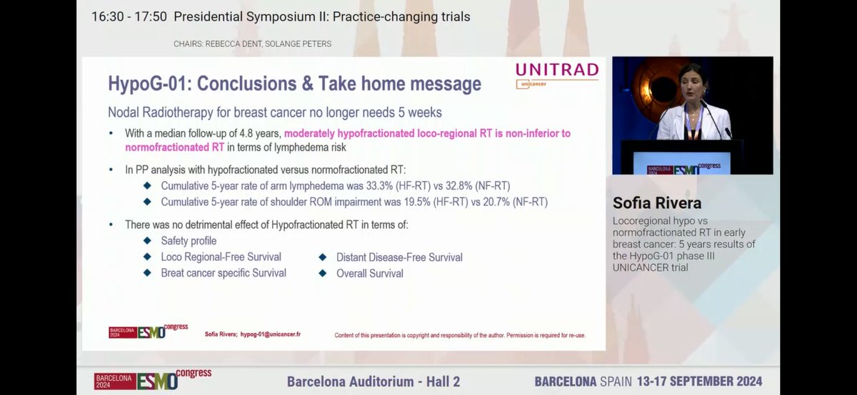 Major congrats to my friend Dr Sofia Rivera on the HypoG-01 just presented at #ESMO2024

Hypofractionation not inferior to conventional fractionation for #BreastCancer with nodal RT.

✅Similar toxicity
✅Similar efficacy (BCSM OS LRFS DMFS)

3 weeks is the way to go!