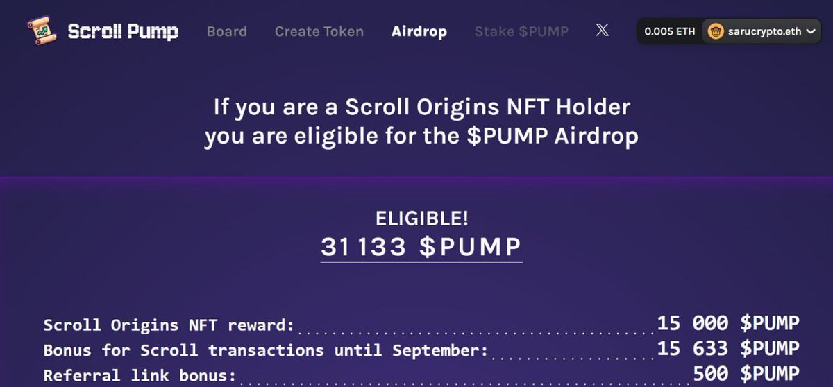 RubensGoes's tweet photo. A delicious and juicy piece of beef $PUMP

🪂If you minted a Scroll Origins NFT📜
you're eligible for the $PUMP airdrop!

💰Claim your airdrop here: https://t.co/vDCnc6pZnL

Like ❤️ &amp; RT 🔁 
Lay down ETH Address 👇(3000 * 10 $PUMP )

#Airdrop #Scroll #airdropreward #memecoin https://t.co/dSkZGCXgrb