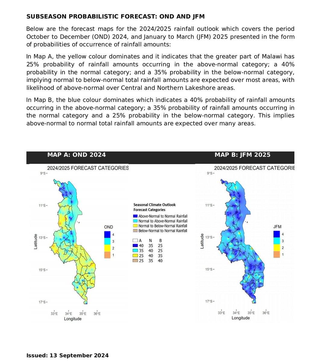 🌩️🌩️🌩️
PROSPECTS FOR THE 2024/25 CLIMATE OUTLOOK FOR MALAWI
BOTTOM LINE: The 2024/2025 season is expected to be wetter than the
previous season with a high chance of normal to above normal rainfall
amounts over most parts of the country.
#LaNina 
#RainfallSeason
#MalawiWeather