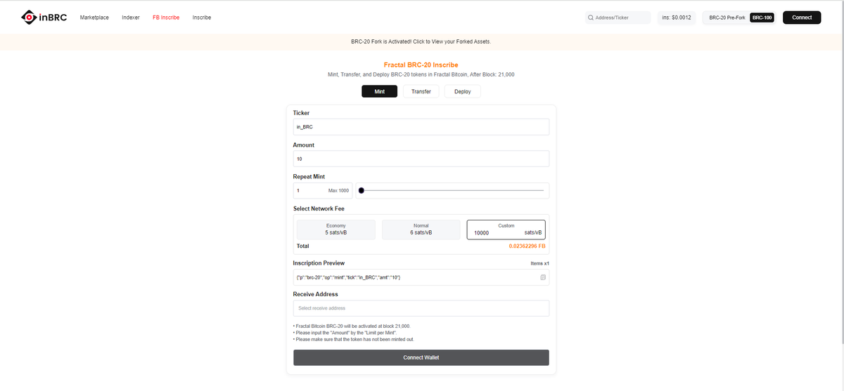 Now, you can Mint, Transfer, Deploy #FB (#Fractal Bitcoin) BRC-20 tokens on #inBRC, inbrc.org/fbInscribe
1. Low Fee
2. Max 1000
3. Arbitrary Network Fee
4. Safe &amp; Fast

#inBRC is a community-driven indexer and marketplace for all #Bitcoin ecosystem.

#FBRC20 #BRC20 $FB