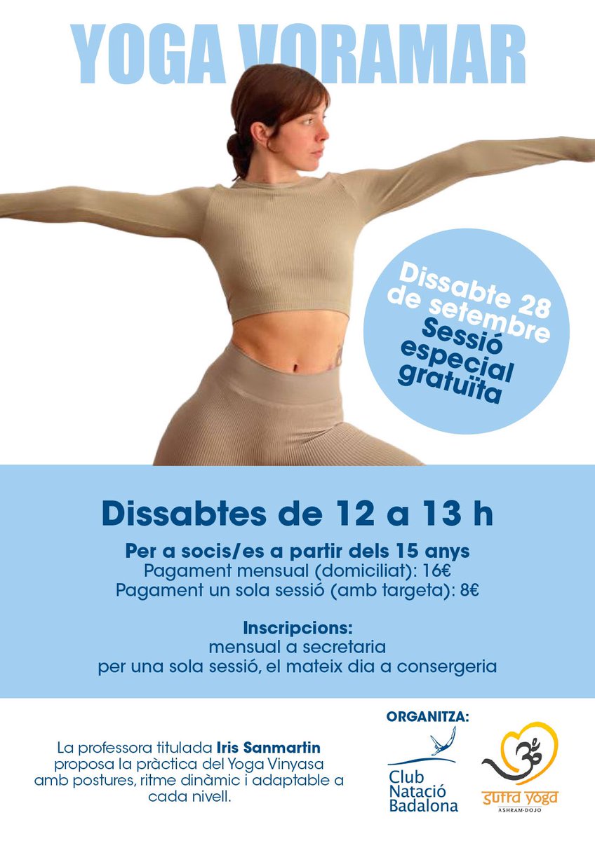 Vine a fer Yoga Voramar! 💙🧘🌊
Els dissabtes de 12 a 13h comptarem amb la professora Iris Sanmartin per a què ens ensenyi la pràctica del Yoga Vinyasa amb postures, ritme dinàmic i adaptable a cada nivell 🙌

#CNBadalona