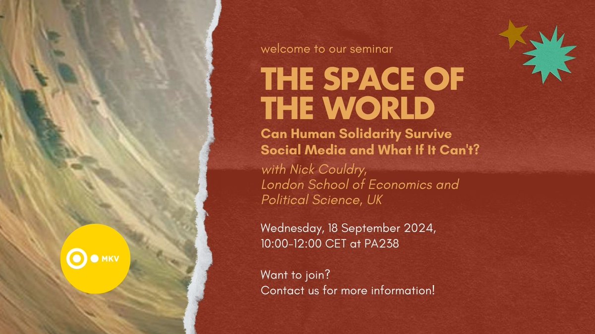 👋🏼 Welcome to our seminar with Nick Couldry @couldrynick who will talk about his new book, offering a radical new vision of how to design our digital spaces so that they build, rather than erode.

🗓️ 18 September, 10:00-12:00 CET
📍 Live in campus, PA238.