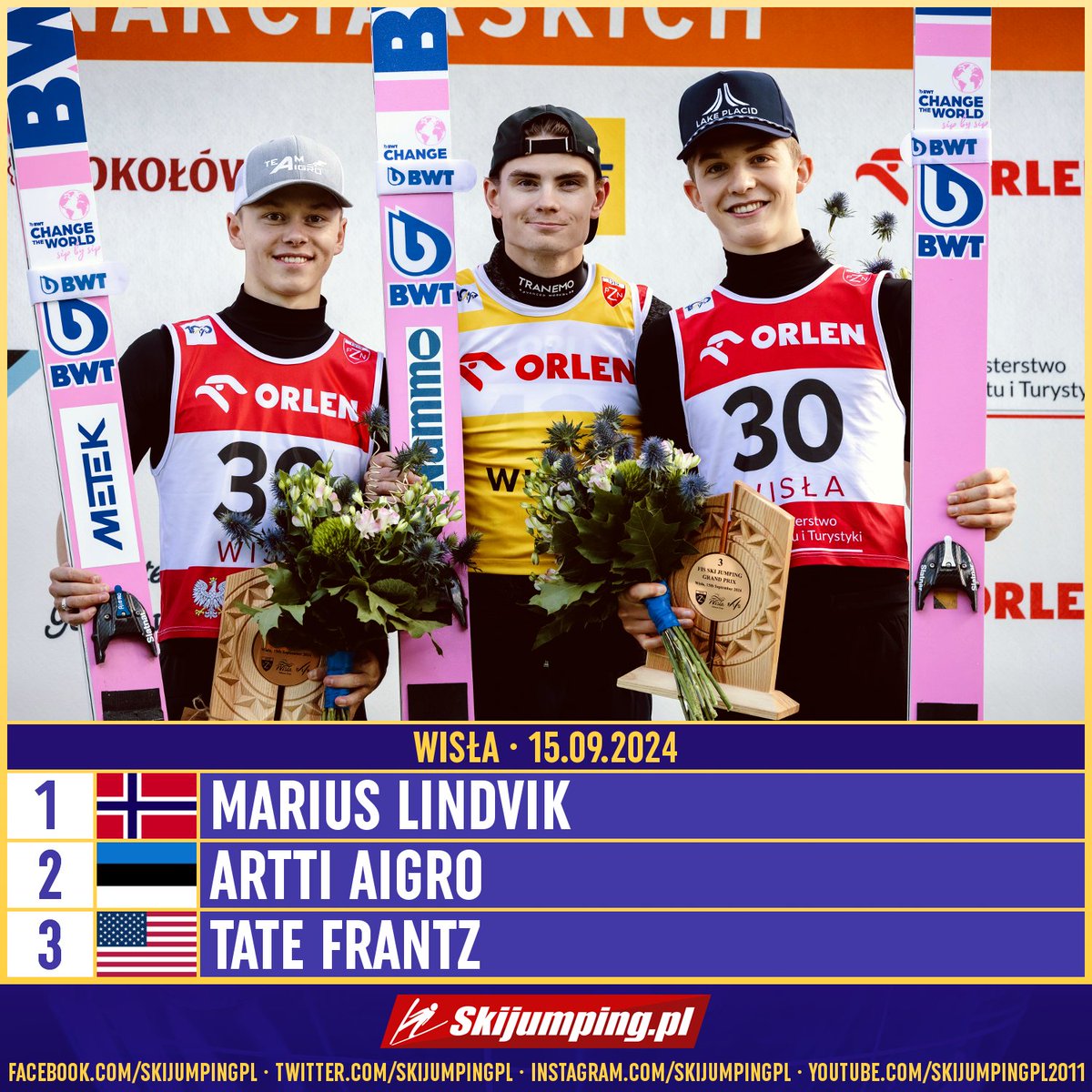 Skijumpingpl's tweet image. TOP3 - GP #Wisła 15.09.2024

1. 🇳🇴Marius #Lindvik
2. 🇪🇪Artti #Aigro 
3. 🇺🇸Tate #Frantz

Congratulations! #skijumpingfamily