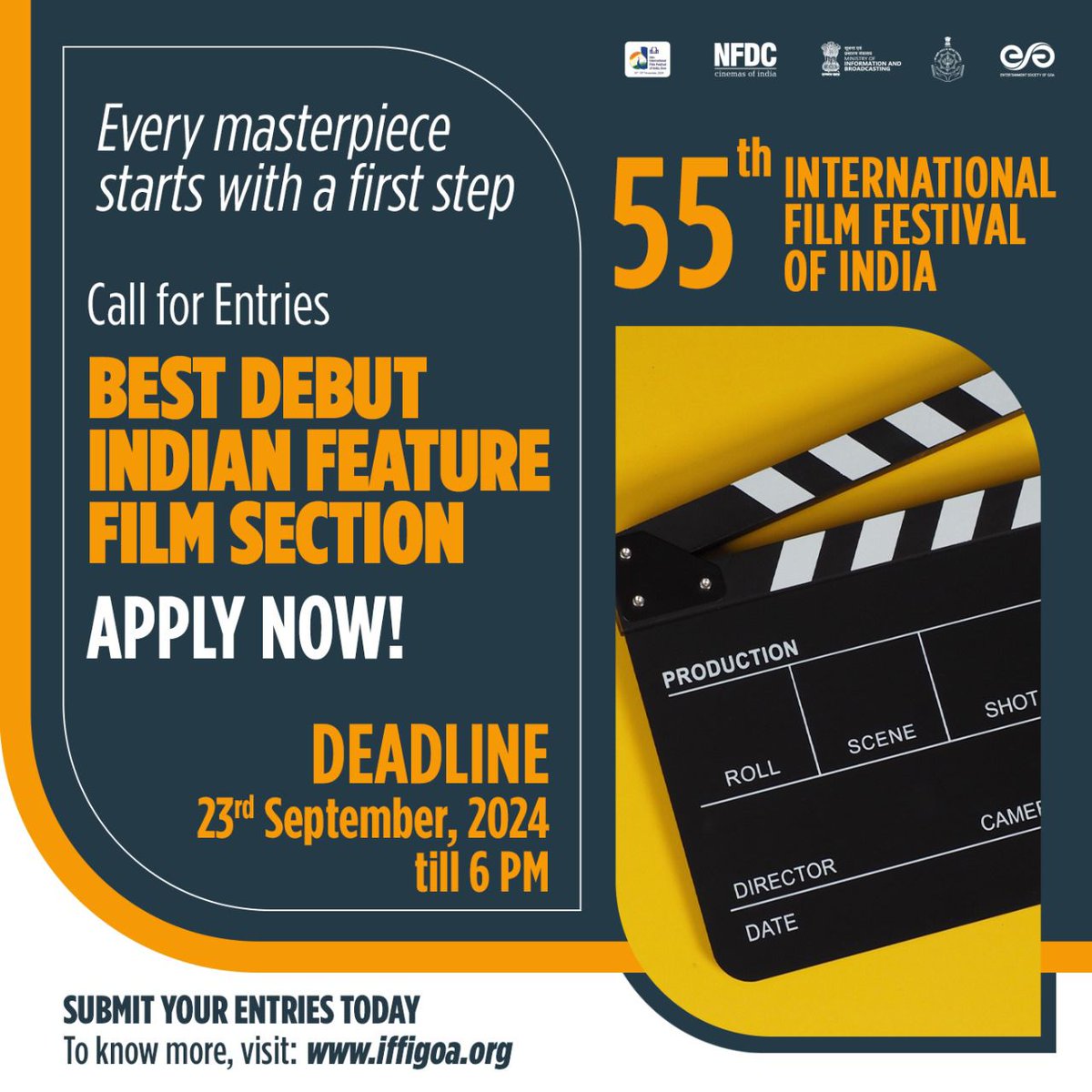 nfdcindia's tweet photo. Submit your debut film to the Best Debut Indian Feature Film Section at the 55th International Film Festival of India. 🌟 

🚨Deadline: 23 September 2024, till 6 PM. Apply today and share your vision with the world! 

#CallForEntries #BestDebut #IndianFeatureFilm #IFFI2024 https://t.co/9m9PVfgnHE