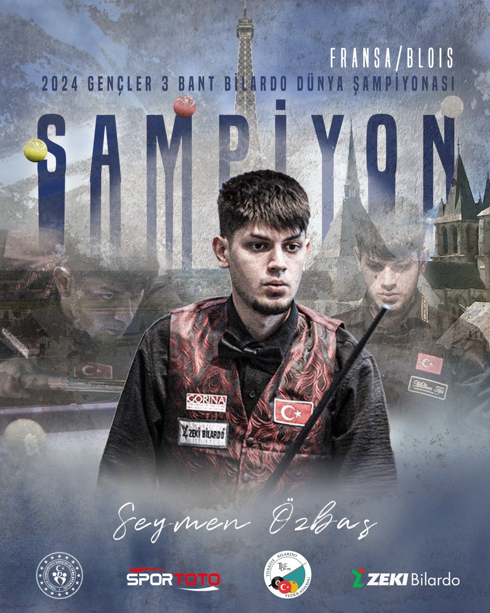 DÜNYA ŞAMPİYONUYUZ…🇹🇷🇹🇷🏆👏

Fransa'nın  Blois kentinde 13-15 Eylül 2024 tarihlerinde düzenlenen Gençler 3 Bant Bilardo Dünya Şampiyonası'nda milli sporcumuz Seymen ÖZBAŞ finalde Koreli rakibini 35-28 yenerek
Gençler Dünya Şampiyonu oldu. 

<a href="/hamzayerlikaya/">Hamza Yerlikaya 🇹🇷</a> 
<a href="/fjuysal/">Fatih UYSAL</a>