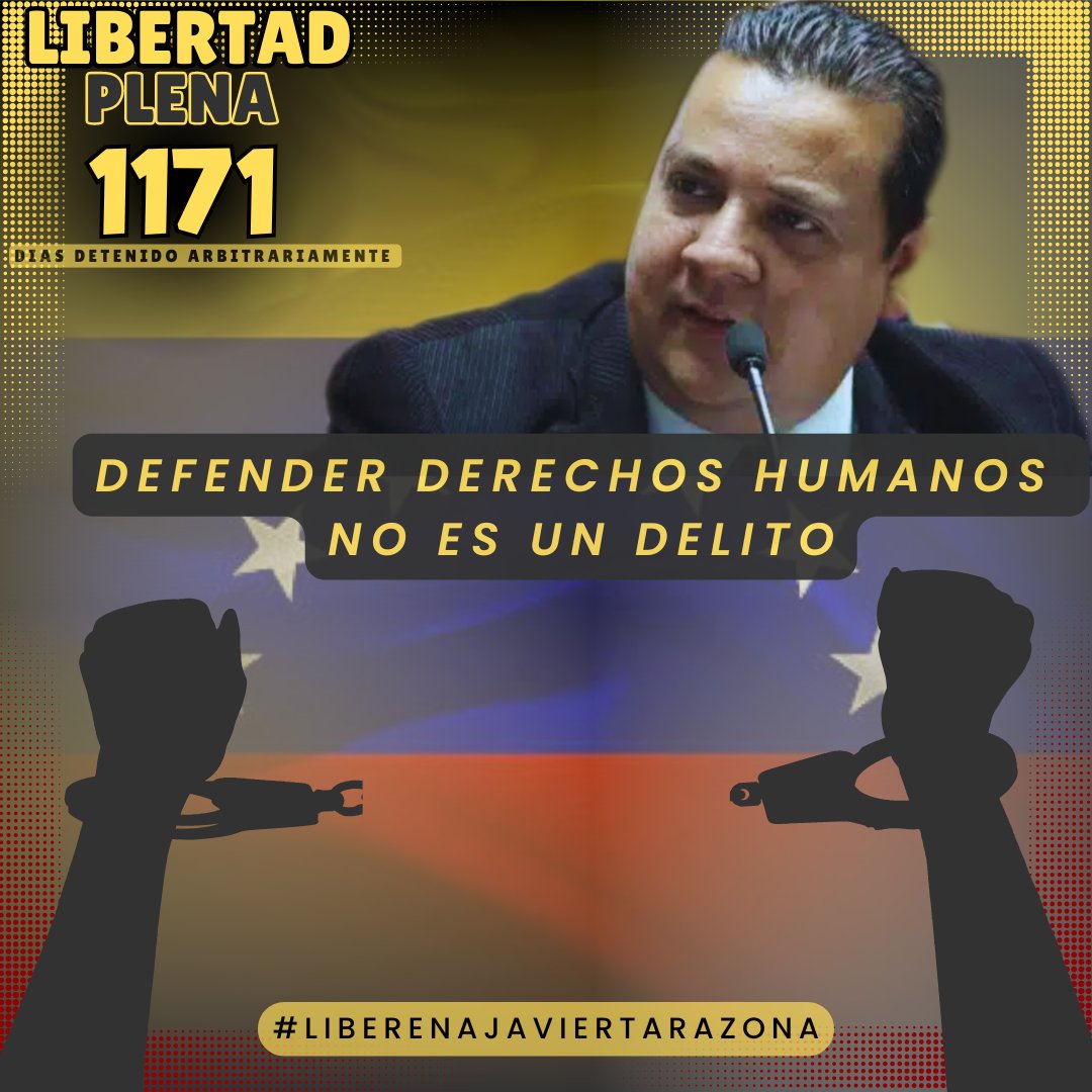 #15Septiembre | <a href="/javiertarazona/">Javier Tarazona</a>, defensor de #DDHH y director de <a href="/FundaREDES_/">FundaREDES</a> lleva 1171 días de detención arbitraria y privación ilegítima de libertad.

¡Defender derechos humanos no es un delito!   ¡Libertad plena e inmediata! #LiberenAJavierTarazona
#NiUnDiaMasTrasLasRejas