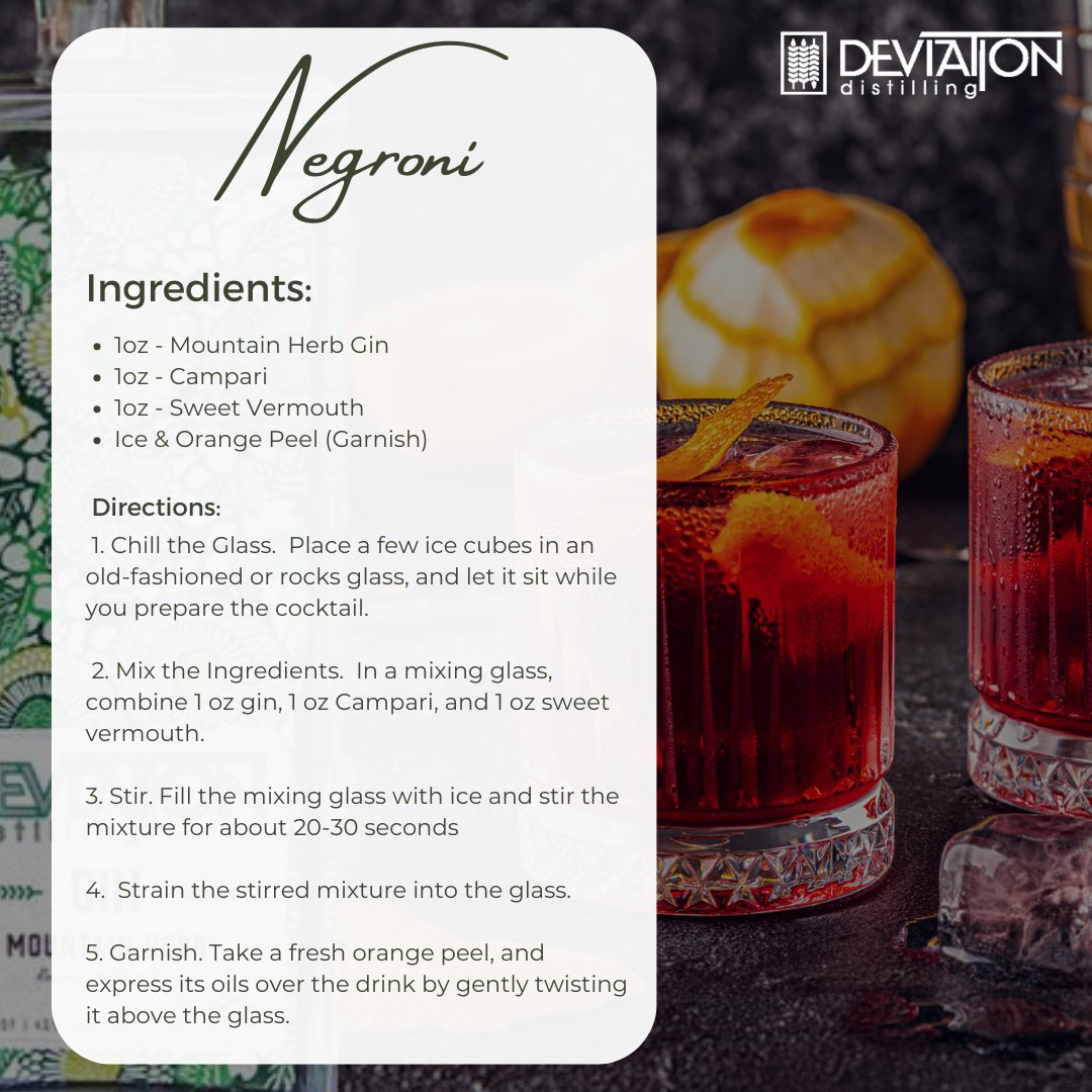 DV8Distilling's tweet photo. The perfect Negroni requires precise measurements of Mountain Herb Gin, sweet vermouth, and Campari. Stirring, not shaking, is essential to maintain the integrity of the ingredients. A twist of orange adds the finishing touch to this classic cocktail. Cheers! https://t.co/CIyJbxSMgI
