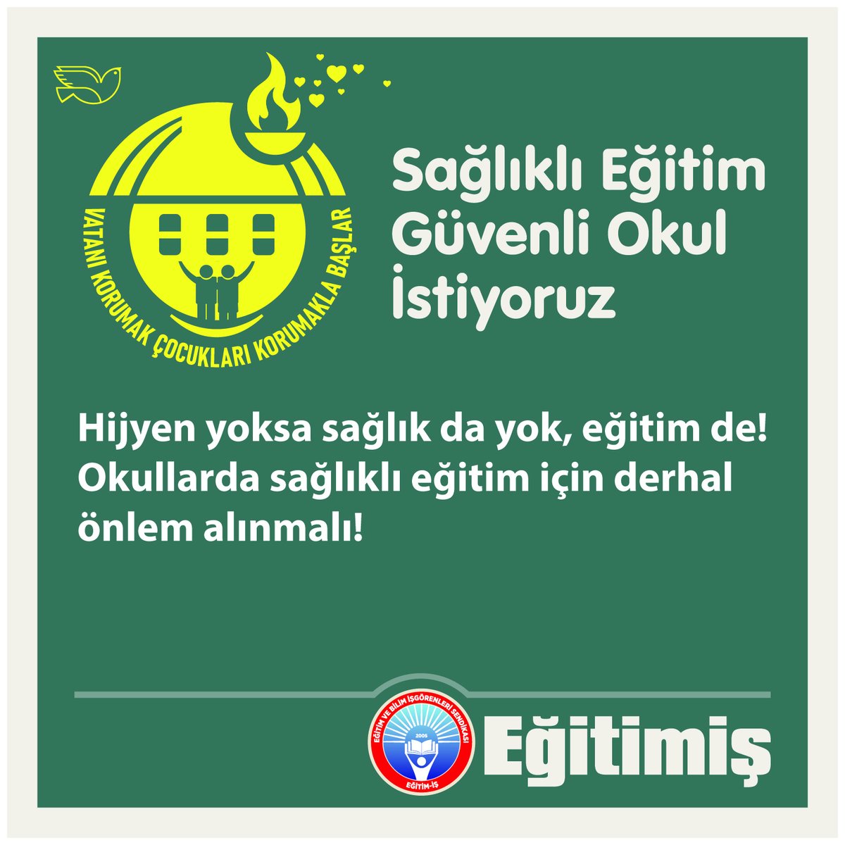 Hijyen yoksa sağlık da yok, eğitim de!
Okullarda sağlıklı eğitim için derhal önlem alınmalı!
#SağlıklıEğitimGüvenliOkul