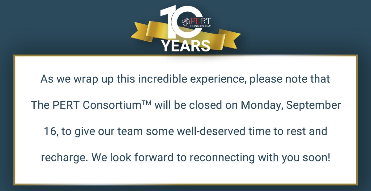 PERTConsortium's tweet photo. Thank you to everyone who made the #PERT2024 a resounding success.
As we wrap up this incredible experience, please note that our offices will be closed on Monday, September 16 to give our team some well-deserved time to rest and recharge. https://t.co/V82z3Hba9Z
