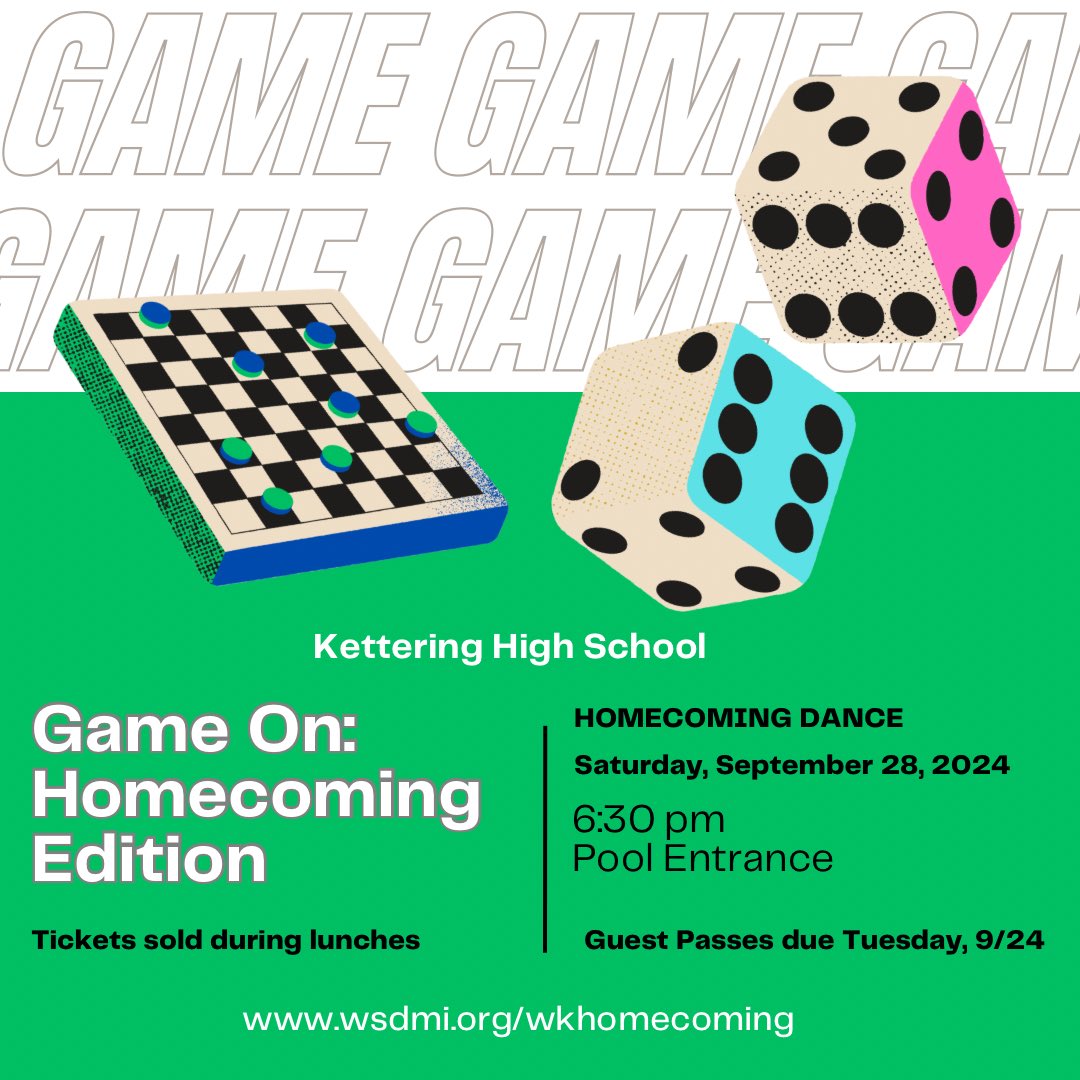 Join us for Hoco 2024! Game On: Homecoming Edition. Dance tickets on sale during lunches, starting Tues., Sept. 17, $25 each. Ticket prices increase to $30 Thurs., Sept. 26. $35 at door. Completed guest passes due NO LATER than Tues., Sept. 24, 12:00 pm. Dance is 6:30-10:00 pm.