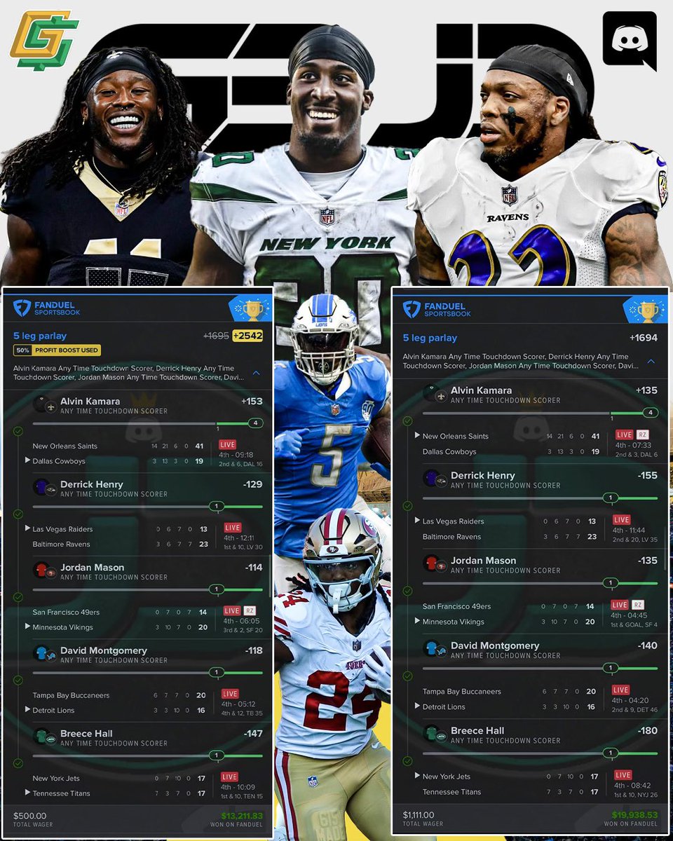 GoldBoys's tweet photo. 🚨 NFL SZN! 🚨

Cash the +2542 NFL Parlay from @JDGoldboys 🏈

$500 ➡️ $13,211.83 💸

$1,111 ➡️ $19,938.53 💸

Posted in the discord ➡️ https://t.co/ChgX7UxU00 https://t.co/s7iqh174xm