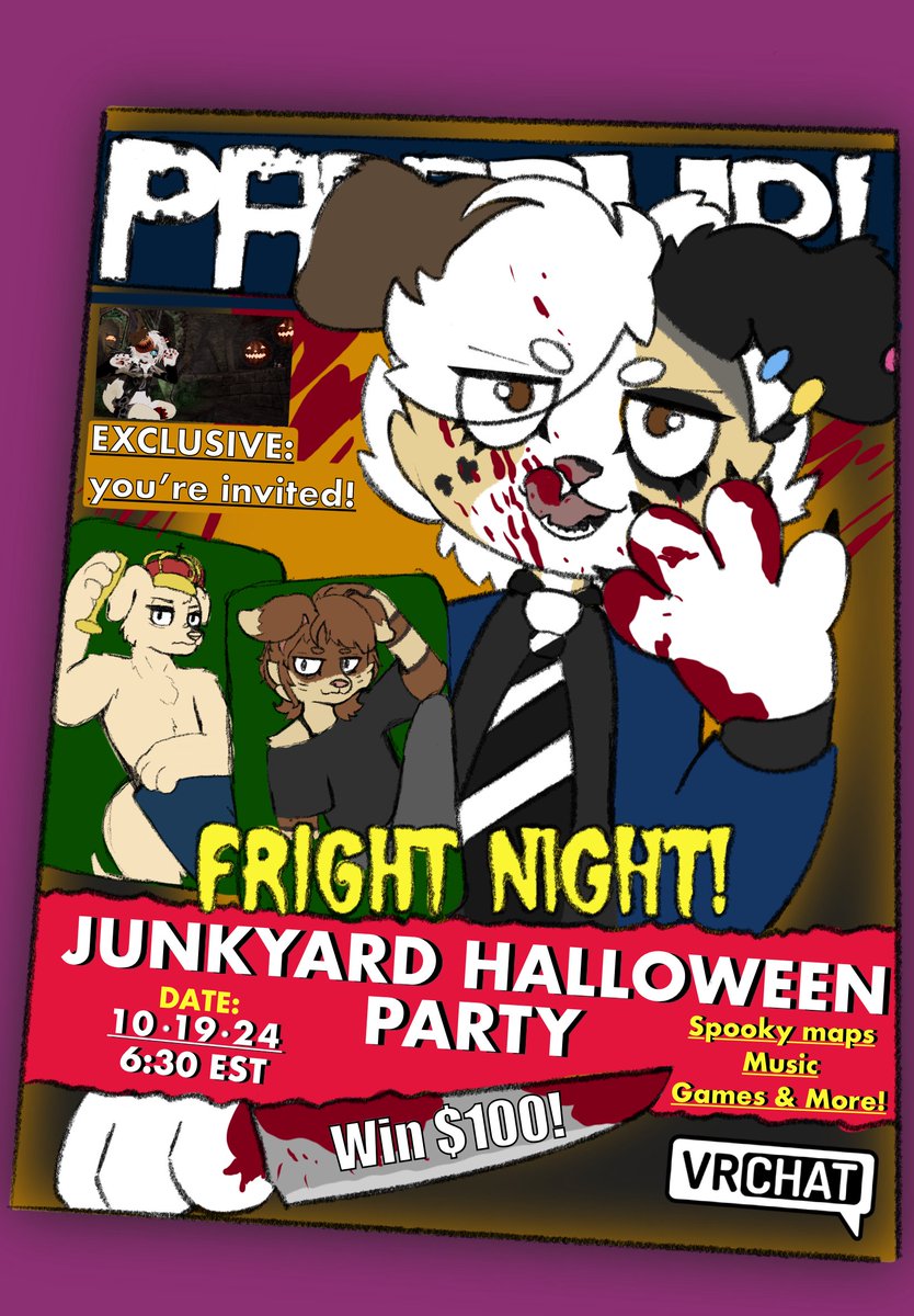 JUNKYARD HALLOWEEN PARTY!!!

WHERE: VRChat

WHEN: Oct 19 2024 6:30PM EST

We're hosting out 4th annual Halloween Party in VRChat! YOU ARE ALL INVITED! 

🎃$100???🎃 We're having a COSTUME CONTEST! Rules down below⬇️

So excited! Yall have a month to get ready. Happy Halloween!🎃