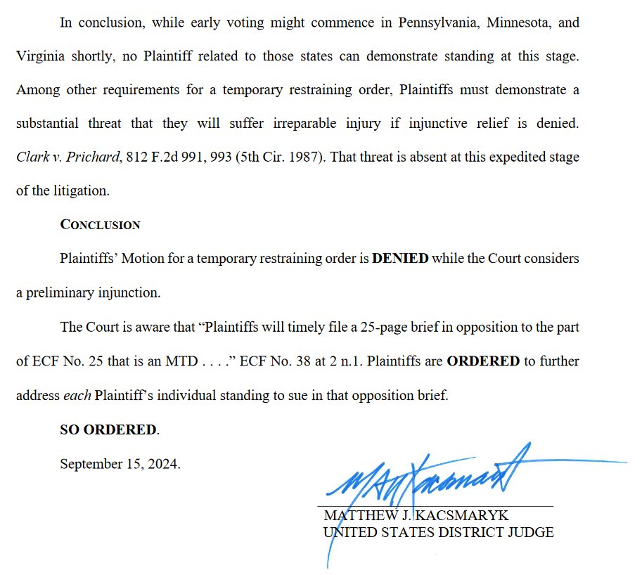 JUST IN: A federal judge has rejected an emergency request by Republican officials and groups to temporarily block a 2021 executive order by President Biden that calls for federal agencies to promote voter registration
documentcloud.org/documents/2514…