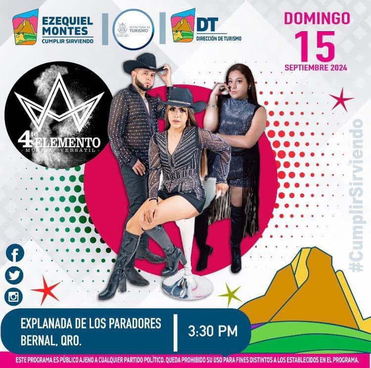 ¡No te lo puedes perder! 🎵 🇲🇽

👉🏻Te esperamos este 15 de septiembre en la explanada de los paradores 📍Bernal, a las 3:00 pm, para presenciar el show musical del grupo versátil “4 Elementos”. 🙌🏻

¡Ven y celebra con nosotros! 🎉

#CumplirSirviendo
#GobiernoDePuertasAbiertas
