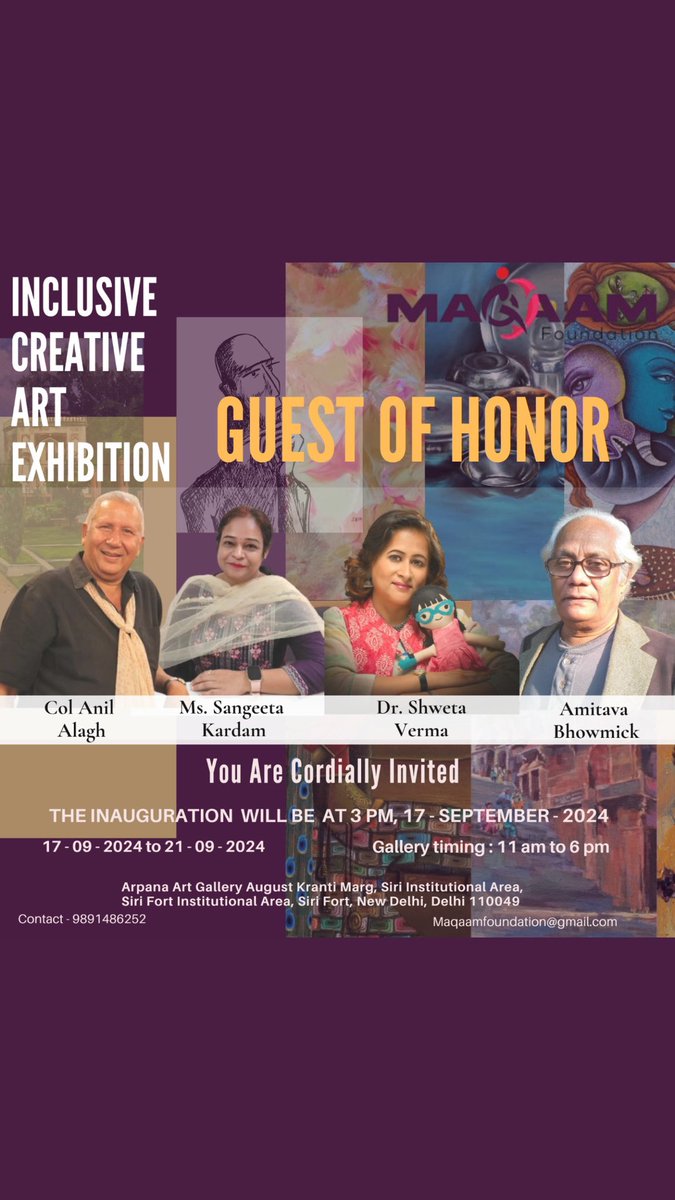 cordially invite you to the inauguration of our upcoming art exhibition, which will be held on September 17, 2024, at 3 PM.

The exhibition will feature a diverse collection of works from renowned artists, and we would be honored by your presence as a s guest.
