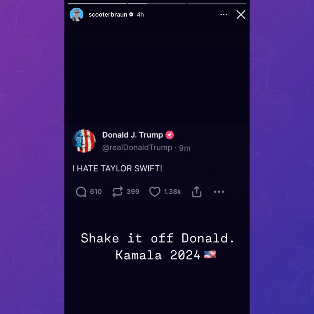 Scooter Braun reposts Donald Trump’s ‘I HATE TAYLOR SWIFT!’ message:

“Shake it off Donald. Kamala 2024 🇺🇸”