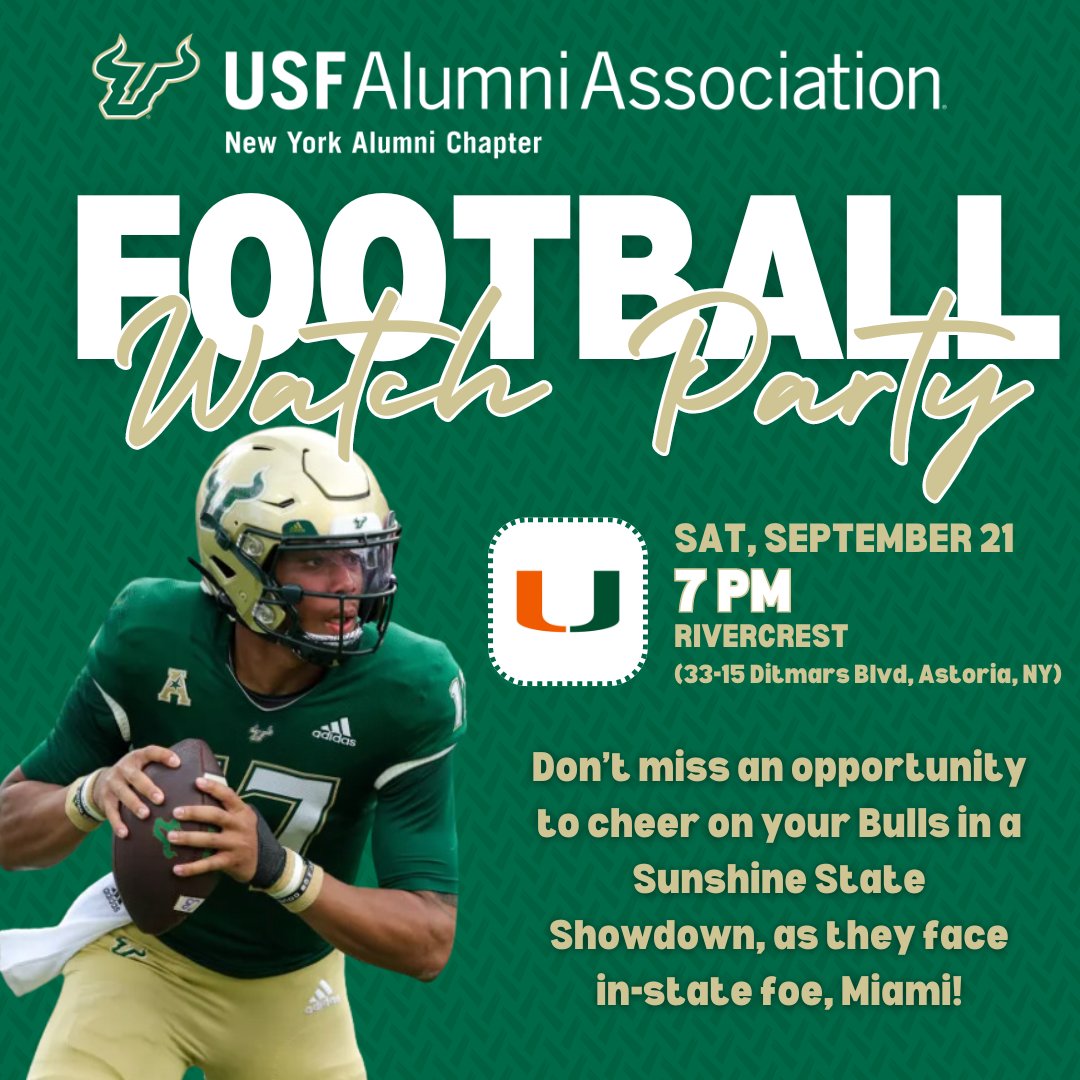 USFNYC's tweet photo. Tomorrow, 9/21! Our Bulls are riding high after a huge 49-24 victory last weekend—let’s show our support as they take on #8 Miami!
🏈 USF Football Watch Party in Astoria 🐂
📅: Saturday, 9/21 vs. Miami @ 7 PM
📍: Rivercrest (33-15 Ditmars Blvd, Astoria, NY)
Go Bulls! 🐂#GoBulls https://t.co/eBTkE8g7hM