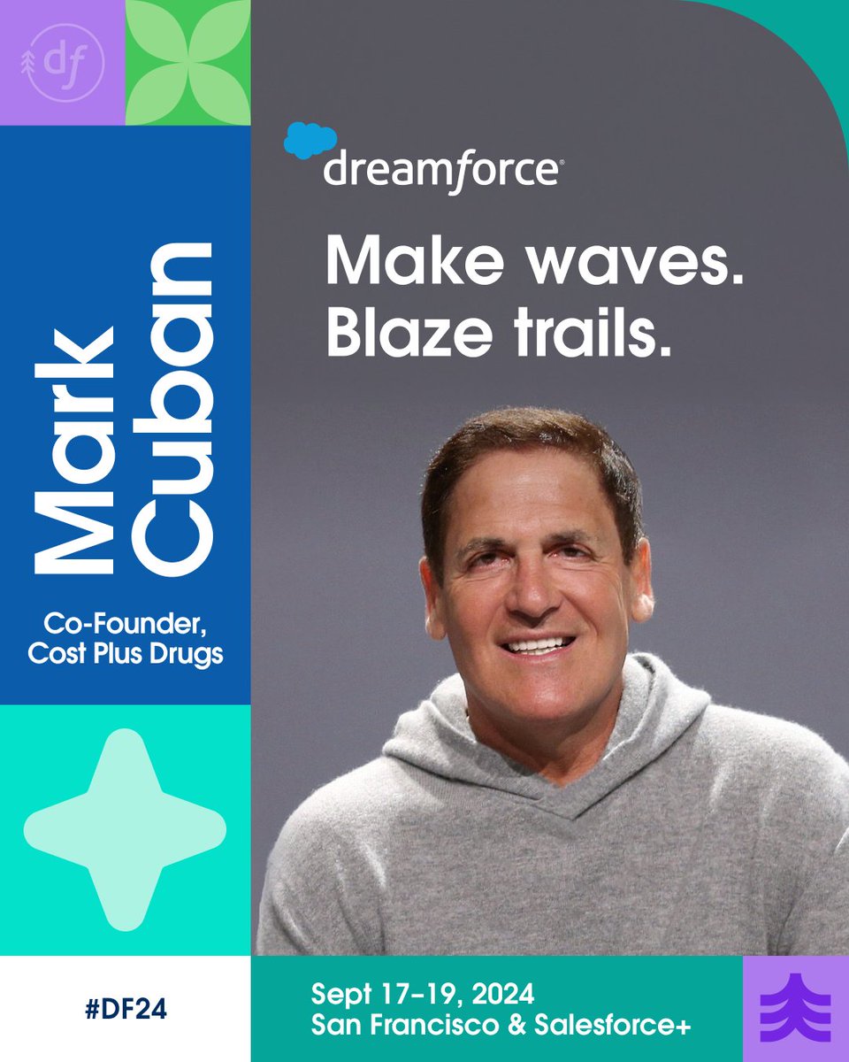 salesforce's tweet photo. Sharks. Mavericks. Trailblazers. This one's for you.

Join us for a visionary conversation with entrepreneurial icon @MCuban at #DF24. Learn how he's innovating at @CostPlusDrugs to bring more transparency to healthcare and improve patient experiences: https://t.co/hPccScbK2M https://t.co/rxwAAoiFD8