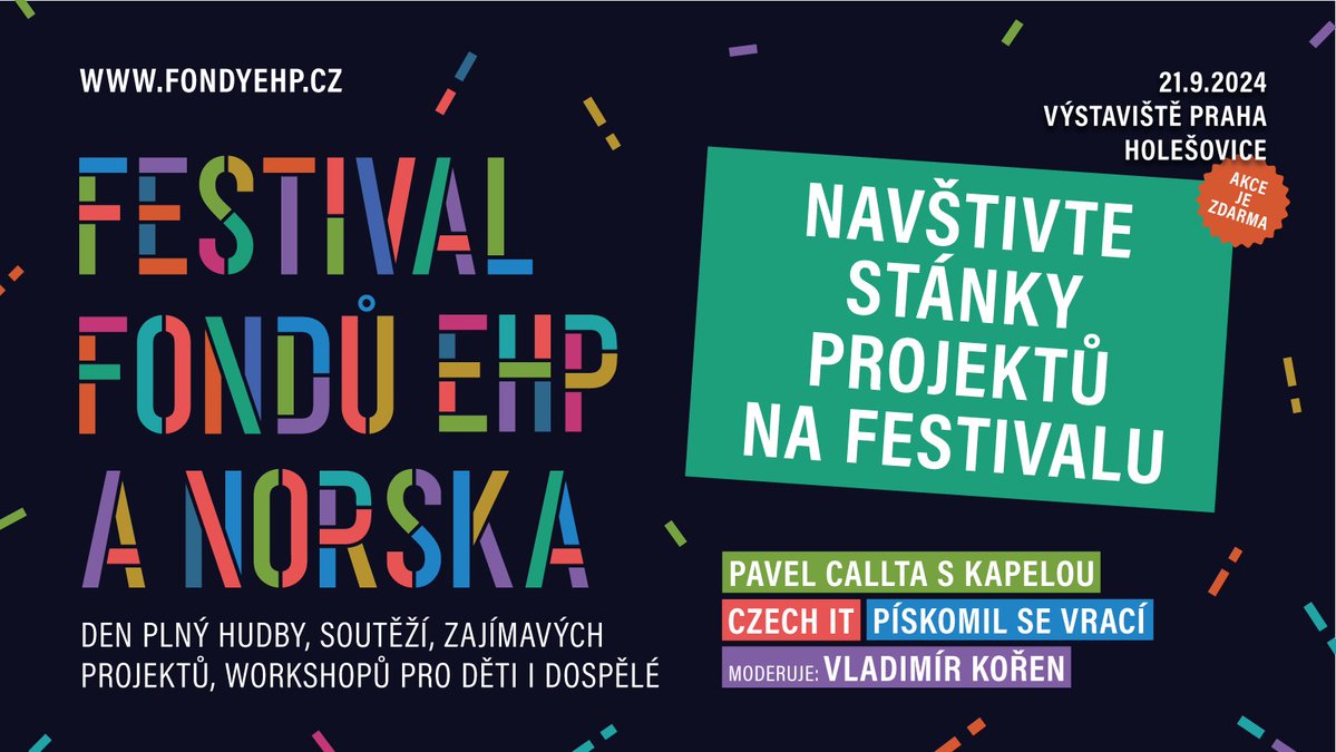 Na #FestivalFondůEHPaNorska vás čekají stánky s projekty z oblastí kultury, zdraví, lidských práv, spravedlnosti a řádné správy. 🌍Seznamte se s výsledky a přínosy projektů prostřednictvím prezentací, virtuální reality a workshopů. Přijďte se inspirovat! #FestivalEHPaN