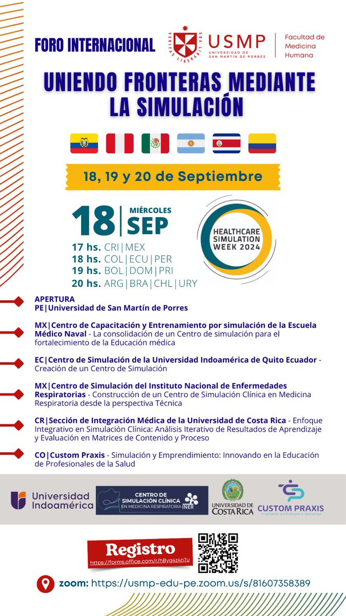 CATAVAORMD's tweet image. 🌍 ¡Uniendo fronteras mediante la simulación! 🌍  
Nos unimos al  Foro Internacional de Simulación Clínica con la participación de expertos de varios países.  
🗓️ 18, 19 y 20 de septiembre  
🌐 ¡No te lo pierdas!

#SimulaciónClínica