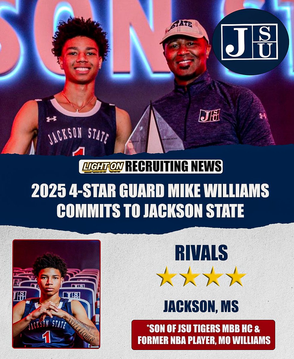 LIGHT ON COLLEGE SPORTS (@lightonsports) on Twitter photo JACKSON STATE MEN'S BASKETBALL LANDS A COMMITMENT FROM 2025 4-STAR GUARD MIKE WILLIAMS 🐅🔥
The Jackson Academy (MS) product is the son of Mo Williams, a former NBA player and current Head Coach of JSU Tigers MBB.
#TheeILove <a href="/mikewillchosen/">Mr Cho⭐️</a> <a href="/mowilliams/">Mo Williams</a> JACKSON STATE MEN'S BASKETBALL LANDS A COMMITMENT FROM 2025 4-STAR GUARD MIKE WILLIAMS 🐅🔥
The Jackson Academy (MS) product is the son of Mo Williams, a former NBA player and current Head Coach of JSU Tigers MBB.
#TheeILove <a href="/mikewillchosen/">Mr Cho⭐️</a> <a href="/mowilliams/">Mo Williams</a>