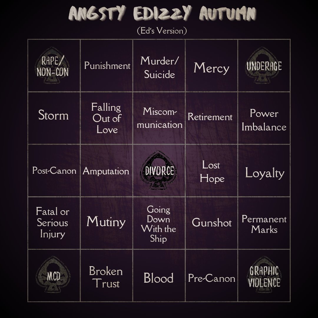 edizzyevents's tweet photo. Here they are !!

Four sheets, using the daily prompts (see next tweet) in different fashions, with the Big Four archive warnings as corner stones. Go Ed or Izzy's individual path, fall down the rabbit hole of #EdIzzy or go truly dark with our #Blackhands sheet. https://t.co/GNVBro5U3C