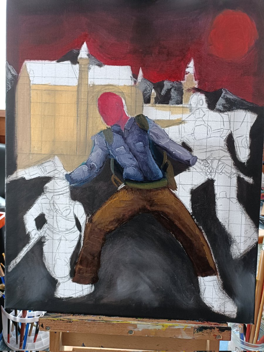 PrinceOfMarsDev's tweet image. I am repainting my cover art for FPS game Quartermain the first image is my work in progress the 2nd is my original concept and the 3rd is my first oil painting #fps #gamedev #doomclone