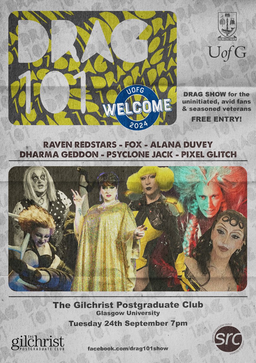 DRAG 101, our mad little show returns! 🎉 <a href="/TheGilchristPG/">The Gilchrist Postgraduate Club</a> <a href="/UofGlasgow/">University of Glasgow</a> Tuesday 24th September, 7pm with this gorgeous cast of cabaret misfits! Variety, music, games and chill cafe vibes. Free show! xx