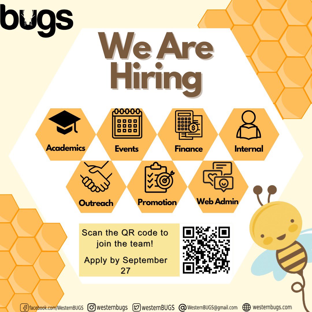 westernBUGS's tweet photo. 🚨Attention BUGS!!🚨 We are hiring! Apply now to be apart of a BUGS committee for the 2024-2025 school year! 🐞🐛 

Apply using the QR code or check out our linktree! Committee descriptions are on our instagram. We look forward to hearing from you! https://t.co/uccWwmqgZC