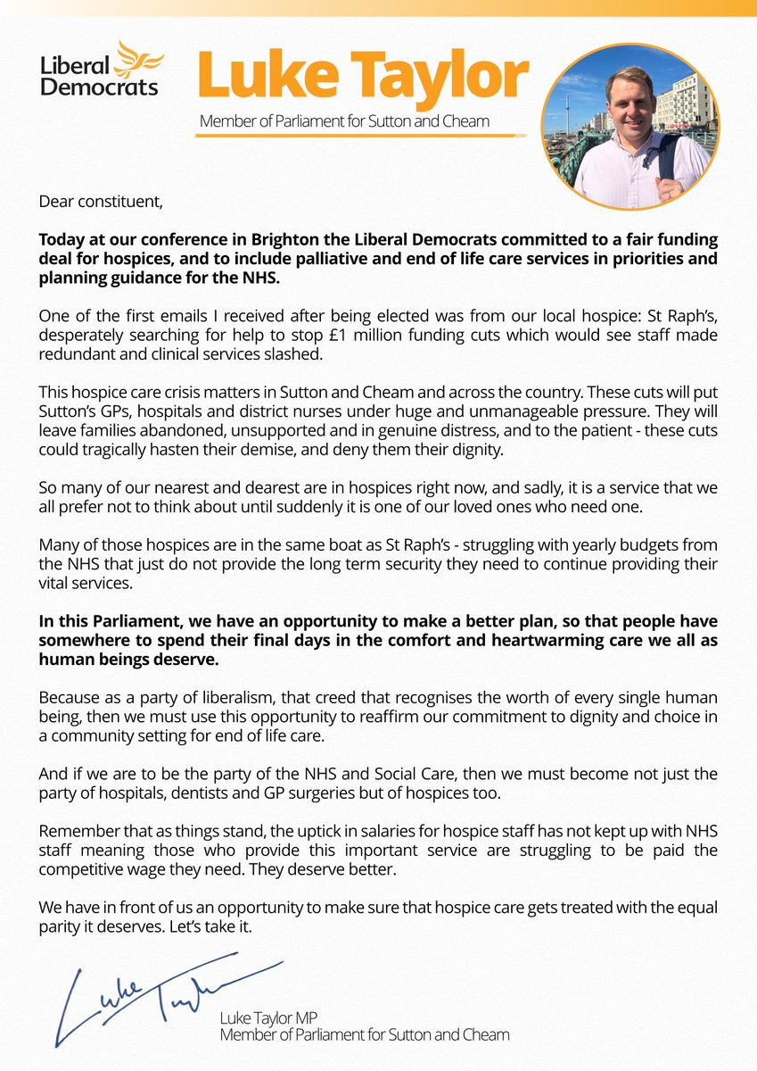 Very proud that today at #LibDems Conference in Brighton we have committed to a fair funding deal for hospices.

Here's my open letter to #Sutton &amp; #Cheam residents on why I'm making this cause a priority as your MP.
