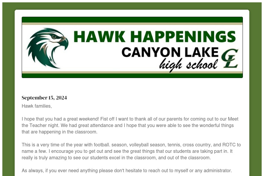 Canyon Lake High School Hawk Happenings psqr.io/dajjLHK_PE via <a href="/ParentSquare/">ParentSquare</a>