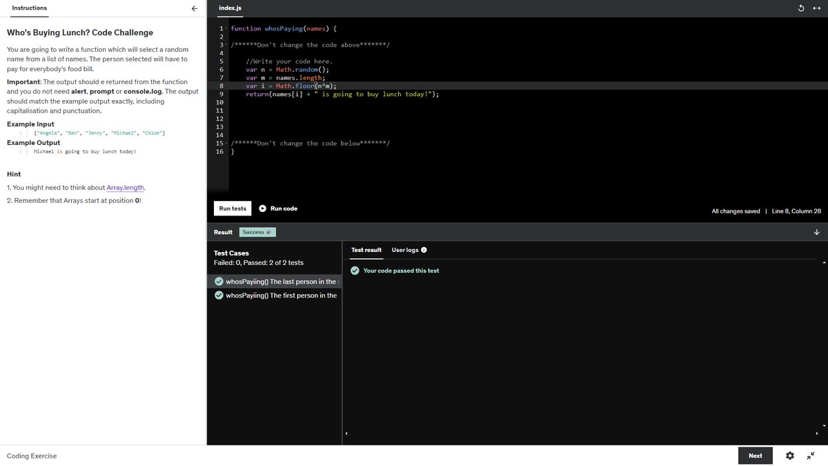 CosmicIon's tweet photo. Day 29 of my #WebDevelopment #CodingJourney:

🎯 Solved the 'Who’s Buying Lunch?' coding challenge using JavaScript!

Fun way to practice logic and decision-making in code.

#100DaysOfCode #LearnToCode #DevDiscuss #CodeNewbies #LearnInPublic https://t.co/Y1WmmRyGqv