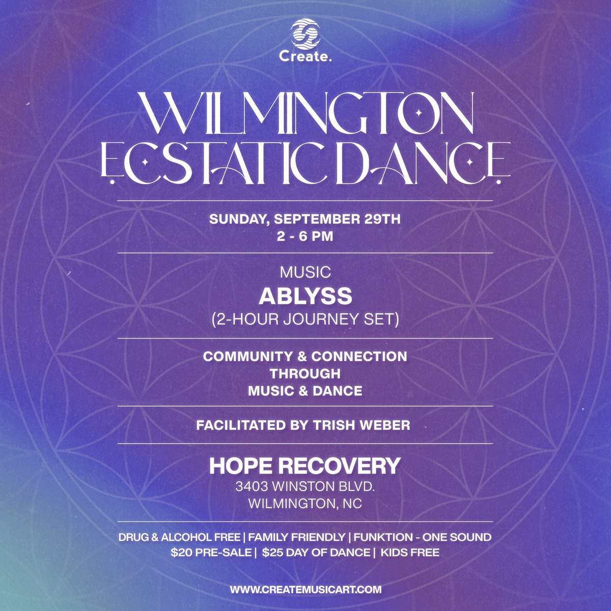 ✨ Ecstatic Dance ✨

🍂 Join us Sunday, Sept. 29, 2-6 PM at Hope Recovery, Wilmington, NC. Let go, reflect, and welcome new beginnings with breathwork, meditation, and a sound journey by Ablyss. Tix: $20 advance, $25 at the door. Kids FREE!

🎟️ createmusicart.com/events/ablyss-…